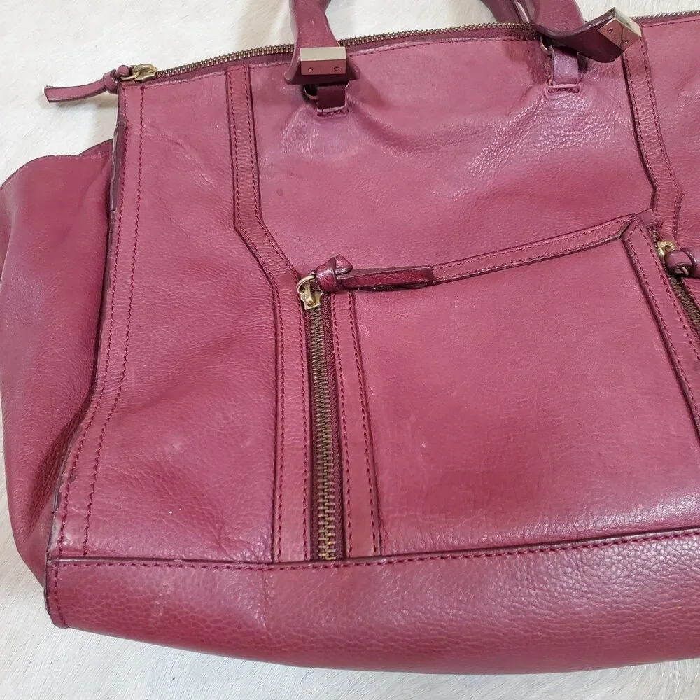 Zara Women's Large Genuine Leather Tote Bag Burgundy Gold Hardware Satchel